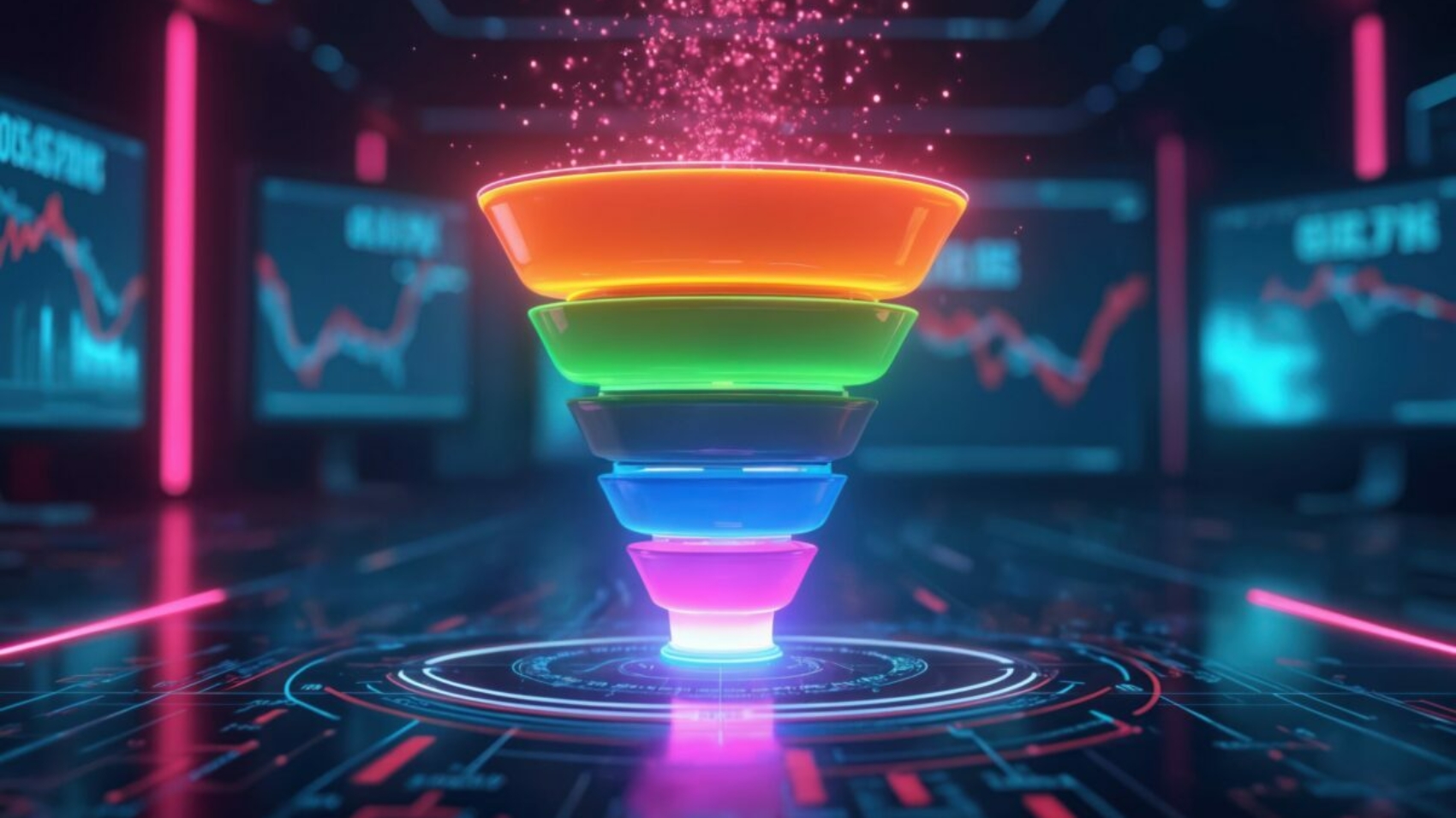 Colorful funnel shows sales process on sci-fi background. Tech concept reflects conversion, marketing. Digital tech enhances efficiency. Abstract composition represents automation, data, trends