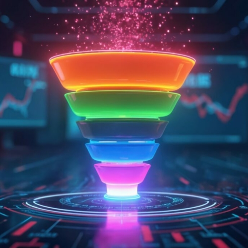 Colorful funnel shows sales process on sci-fi background. Tech concept reflects conversion, marketing. Digital tech enhances efficiency. Abstract composition represents automation, data, trends
